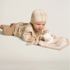 NIB Barefoot Dreams Ultra Lite plaid outfit & toy boxed set in cream/tan
